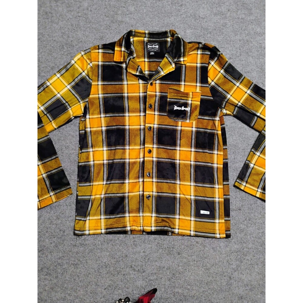 Snoop Dogg Plaid Flannel Button Up Shirt Yellow Black Long Sleeve Size S